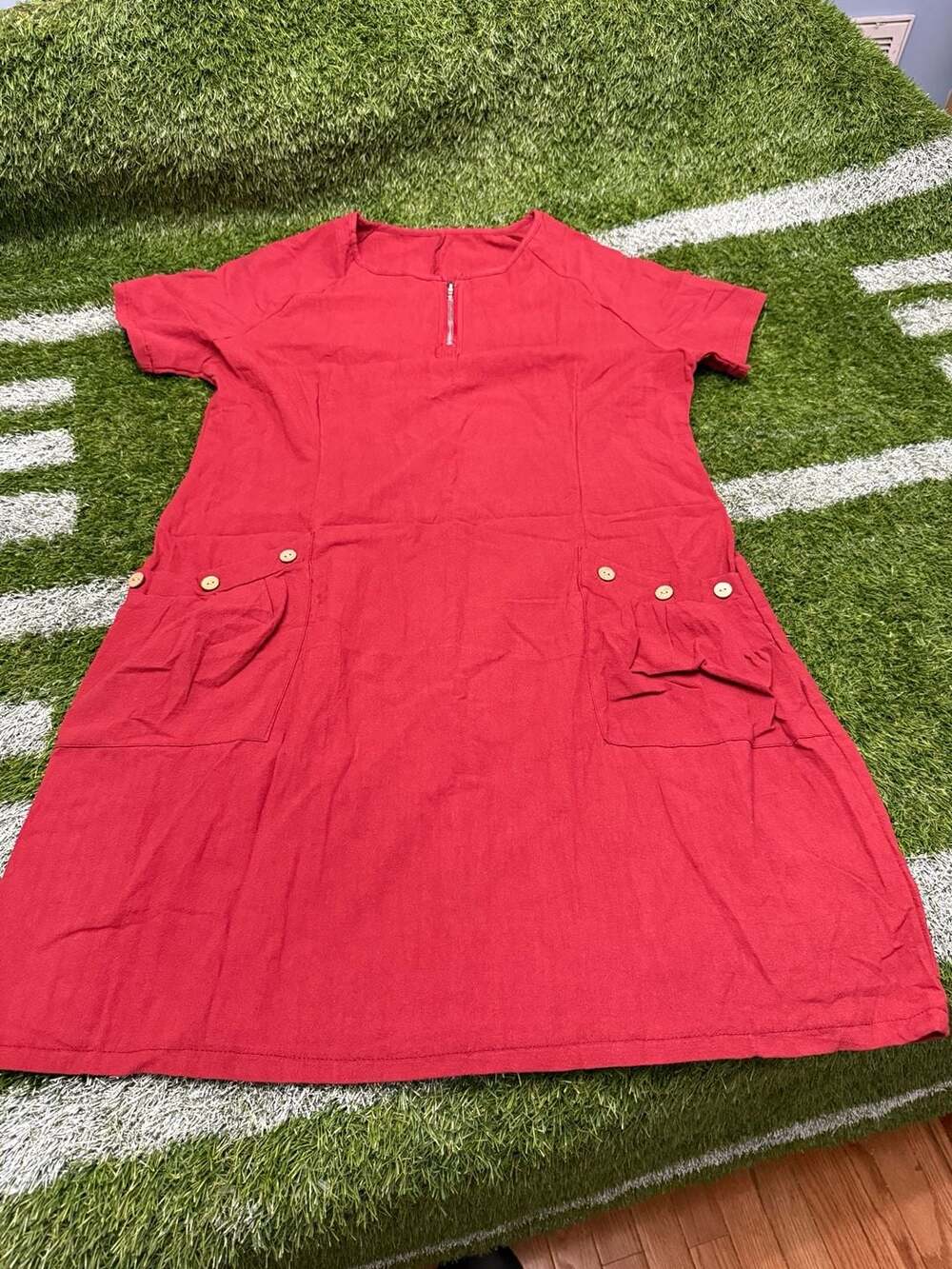 Women's Short Sleeve Casual Red Mini Dress with Zip Neck and Pocket Details